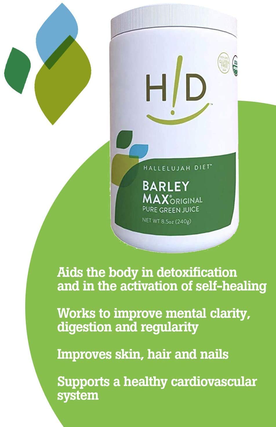 USDA Organic and vegan icons on BarleyMax packaging