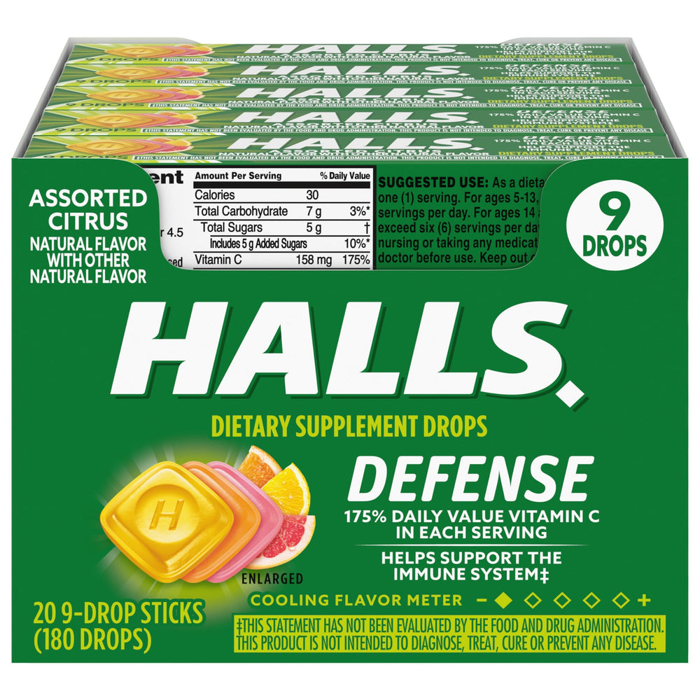 Front view of HALLS Defense Assorted Citrus Vitamin C Drops package