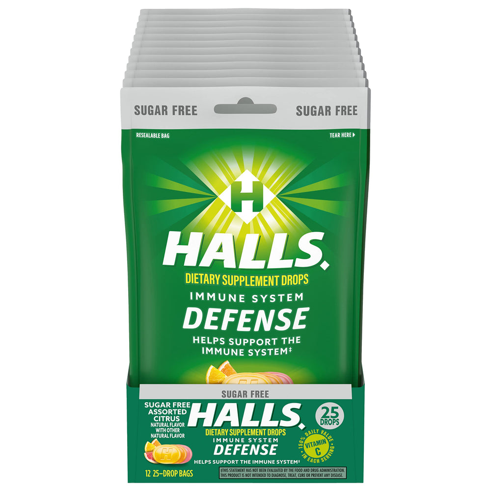 Packaging for HALLS Defense Assorted Citrus Sugar Free Vitamin C Drops