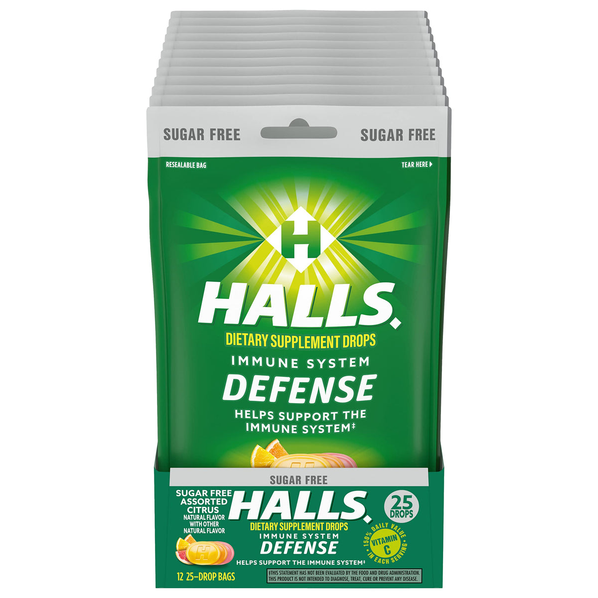 Packaging for HALLS Defense Assorted Citrus Sugar Free Vitamin C Drops