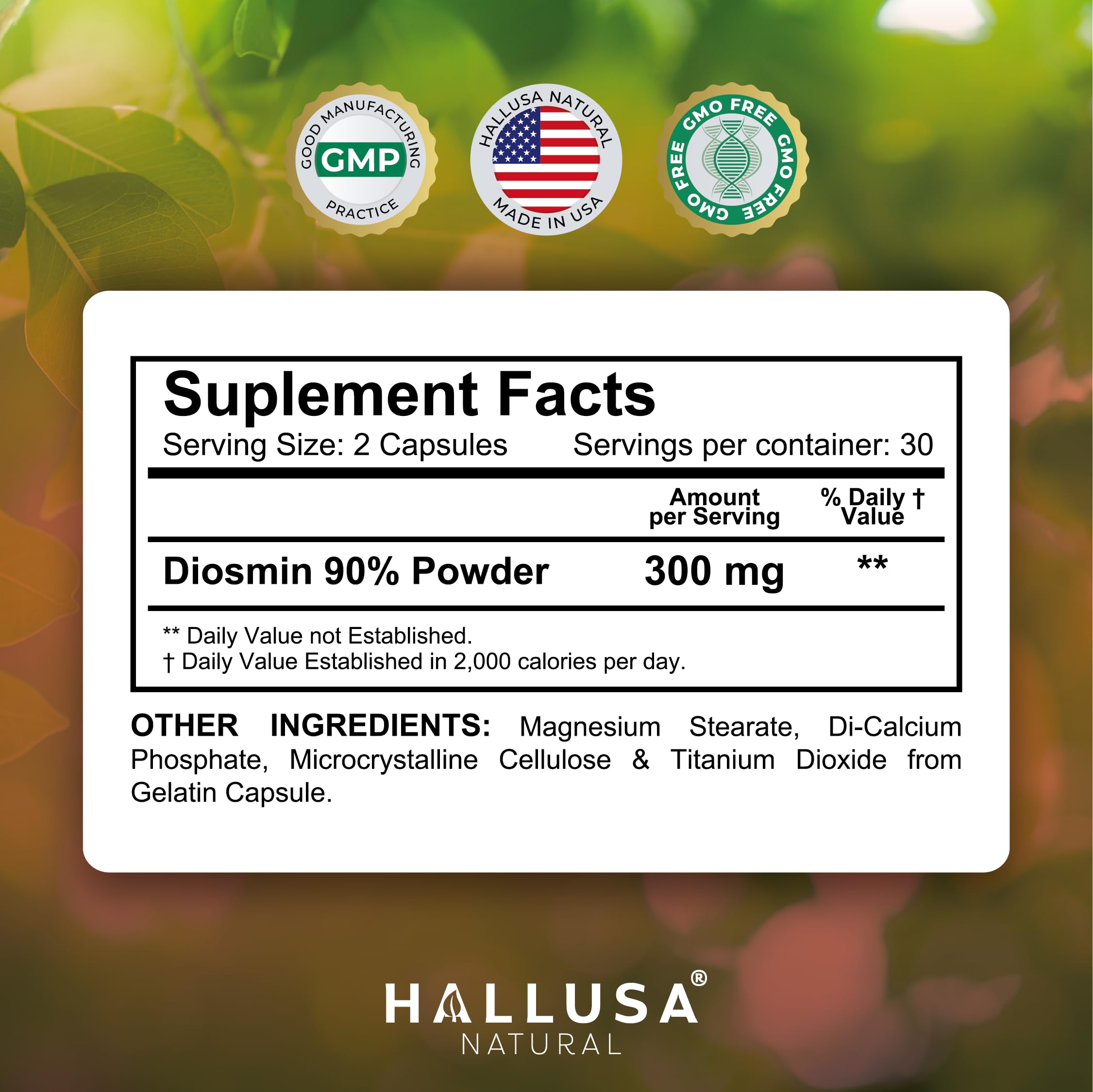 Close-up of Hallusa Diosmin capsule showing 300 mg