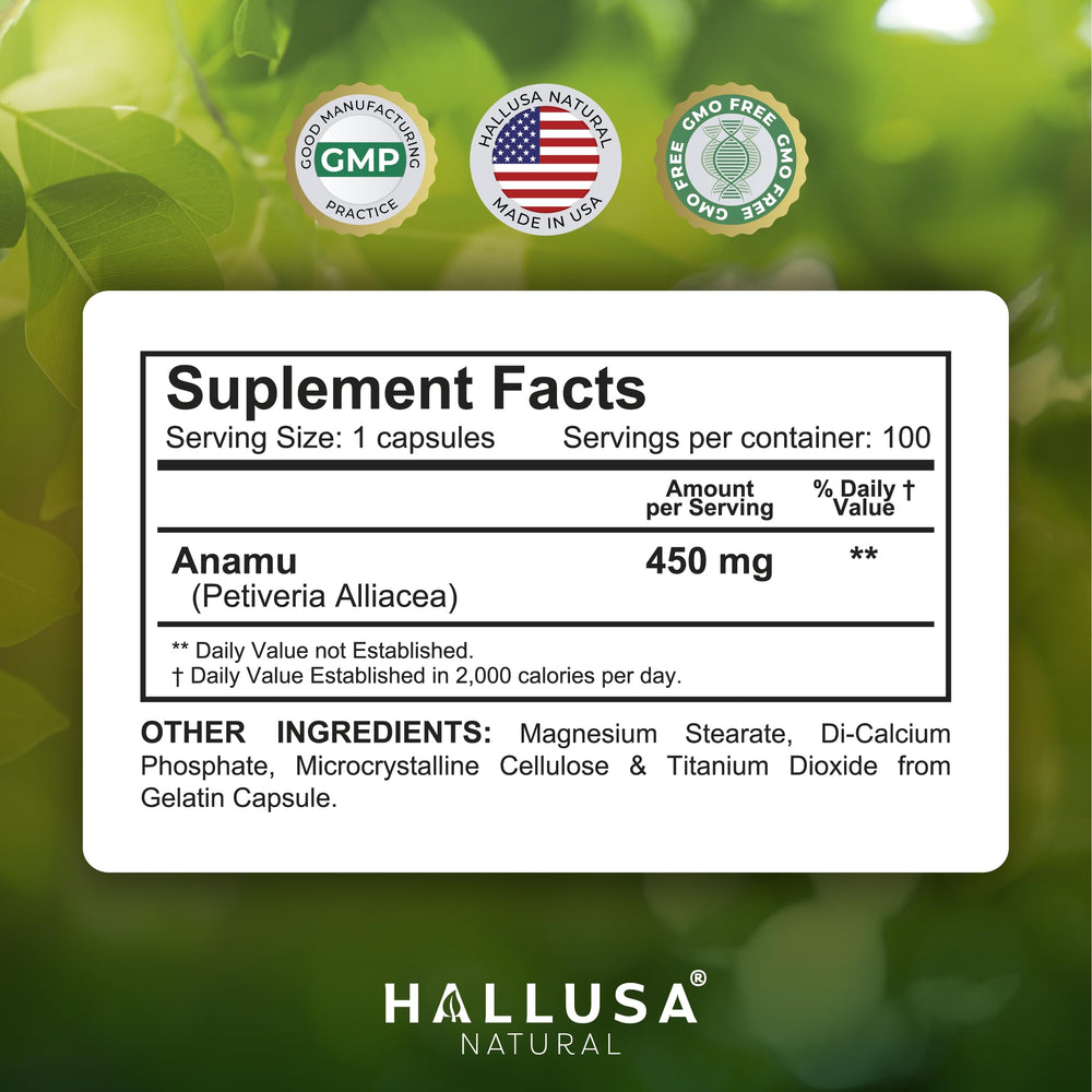 Close-up of Anamu Root 450 mg capsules with label