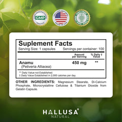 Close-up of Anamu Root 450 mg capsules with label