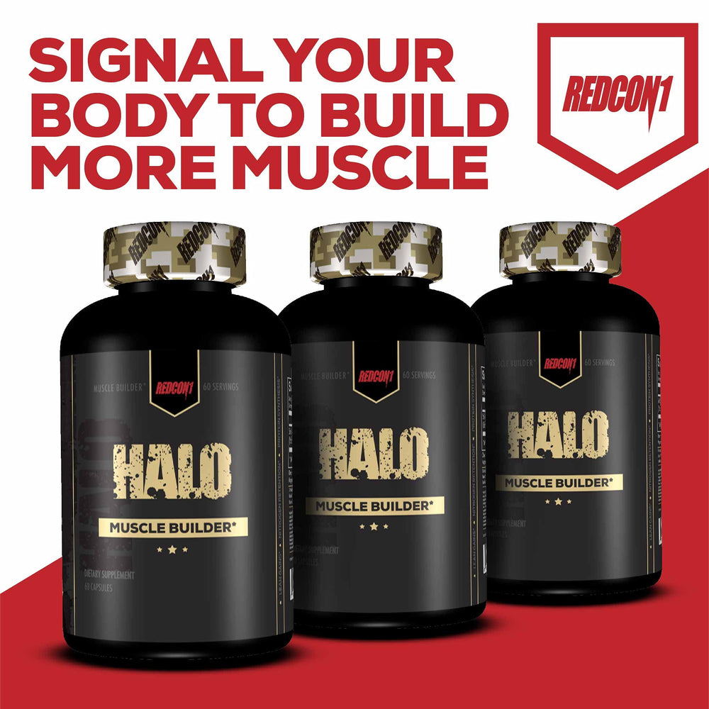 Halo Muscle Builder packaging displayed on countertop