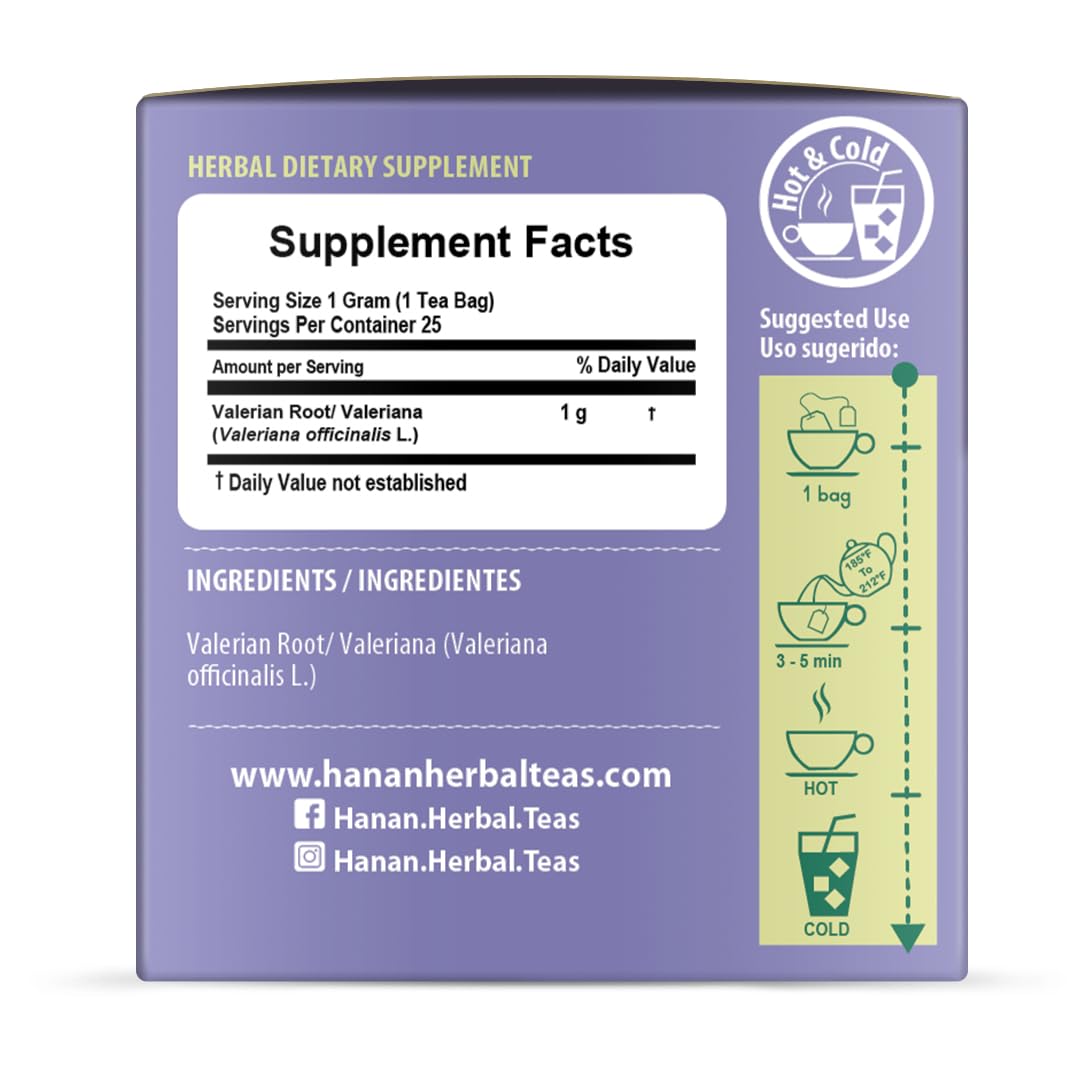 Back view of Hanan Valeriana Herbal Tea 3-pack box with details