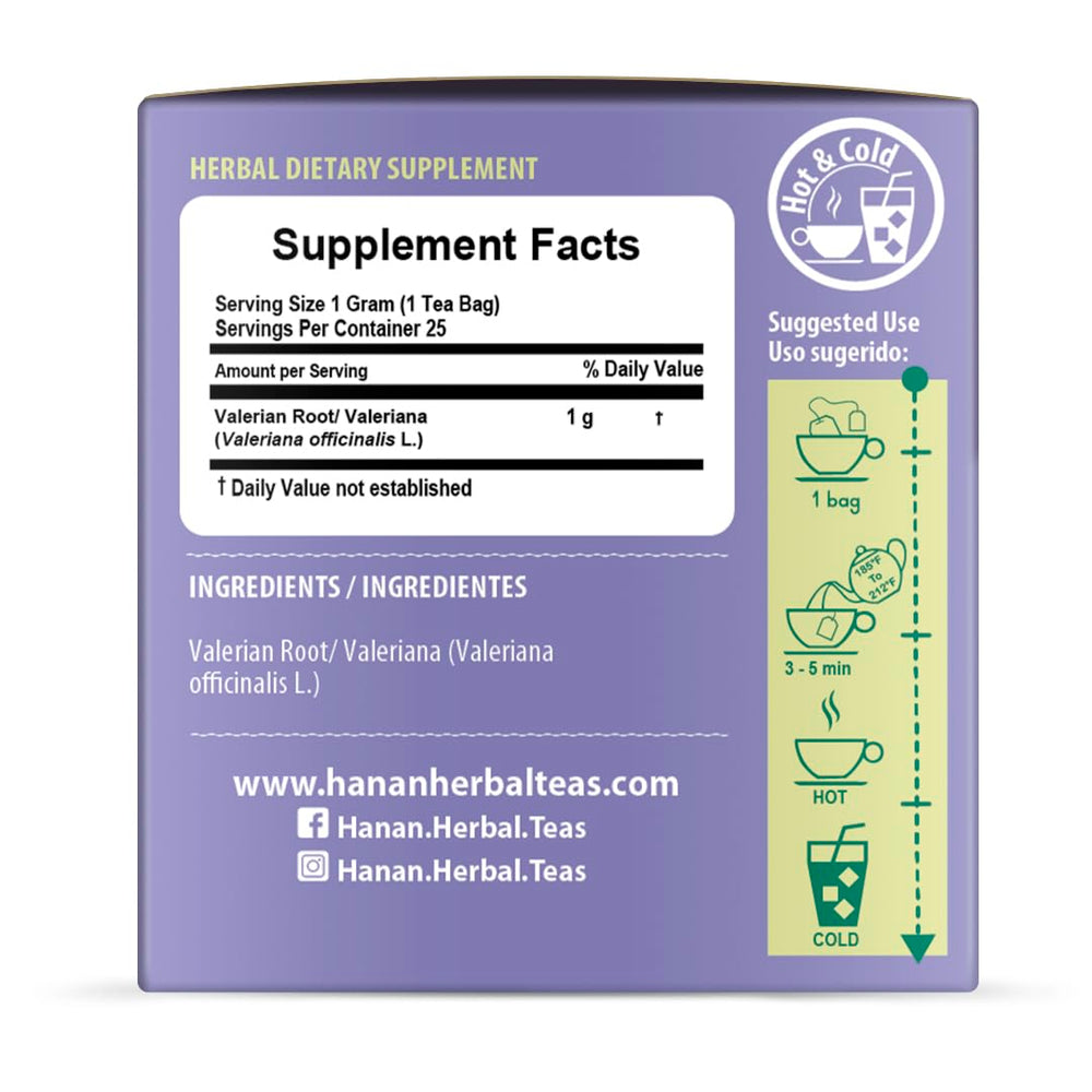 Back view of Hanan Valeriana Herbal Tea 3-pack box with details