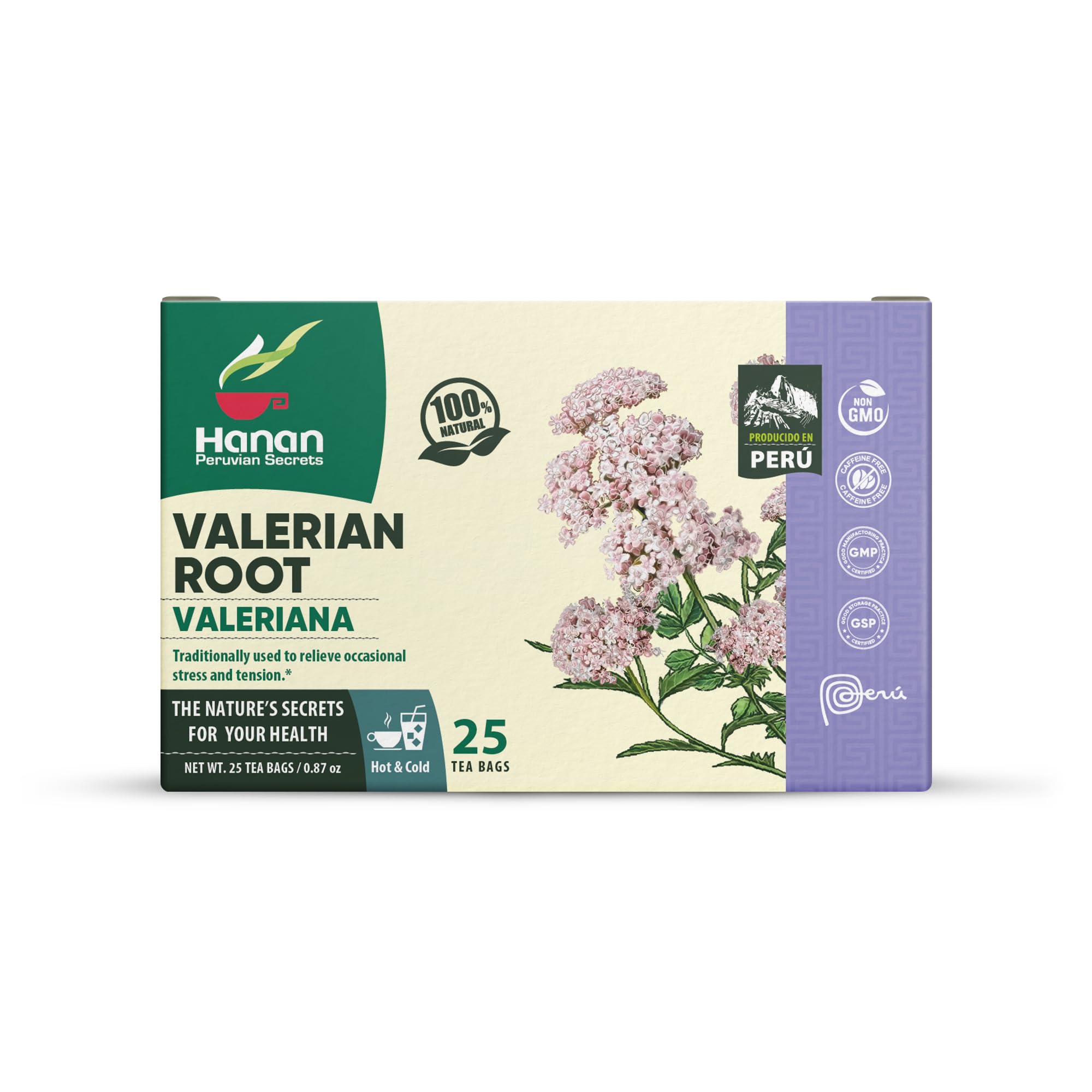 Close-up of packaging details for Hanan Valeriana tea