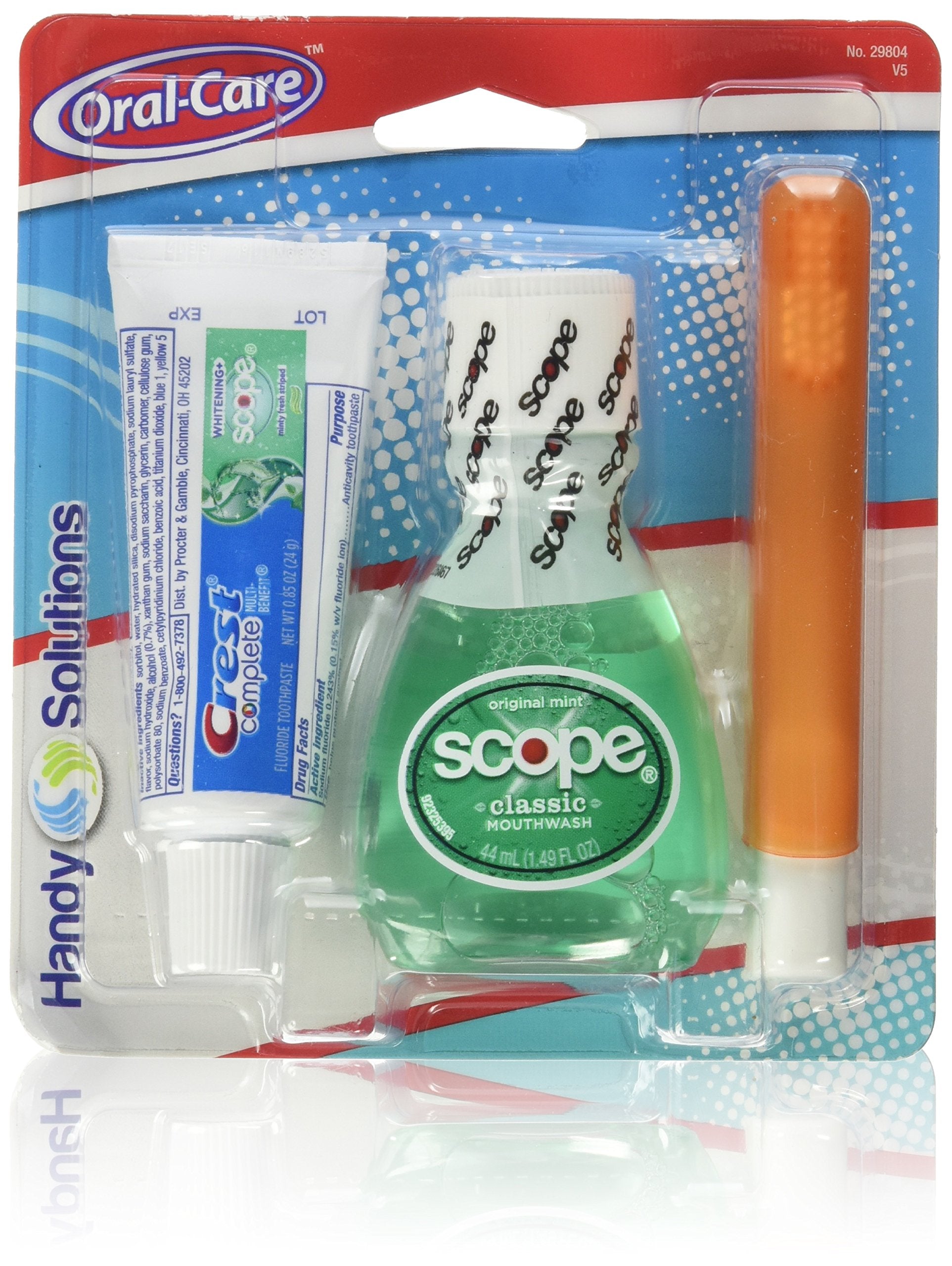 Handy Solutions Travel Kit contents including toothpaste, mouthwash, and folding toothbrush