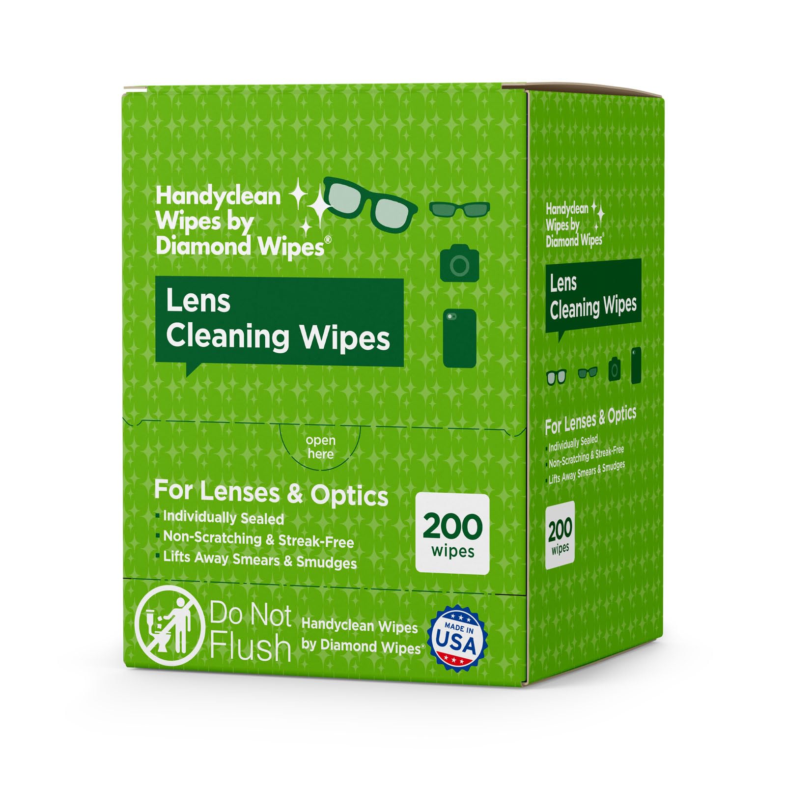 Front view of HandyClean lens wipes box