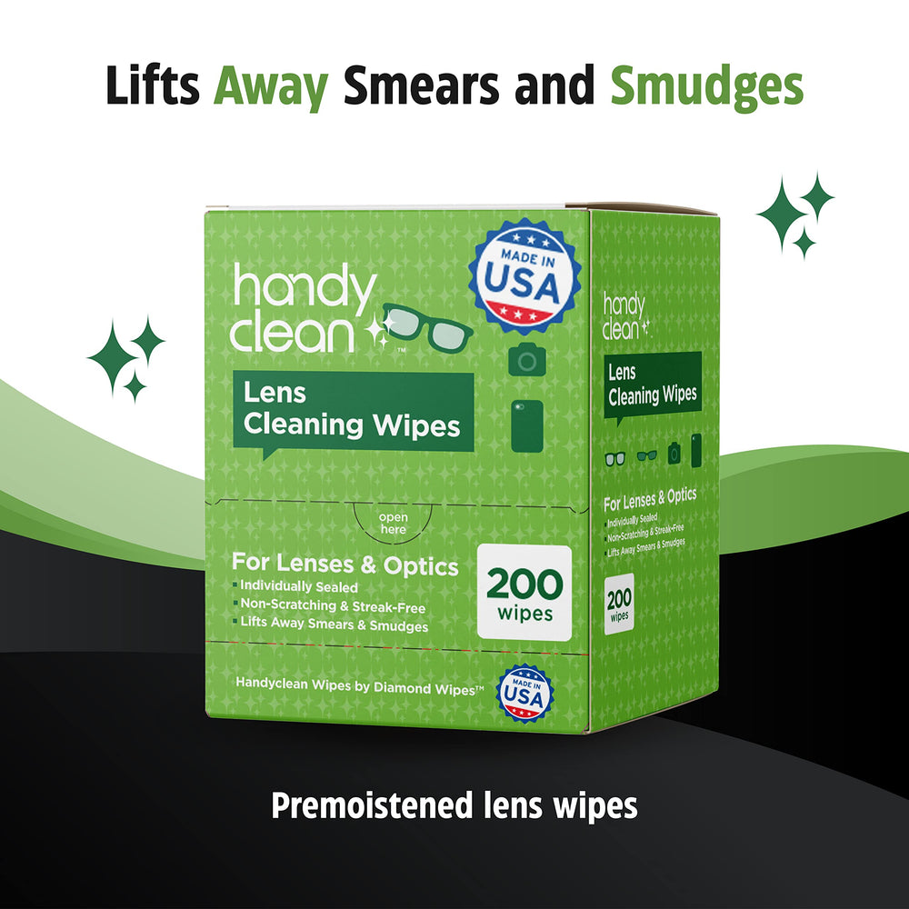Eyeglasses with lenses cleaned by HandyClean wipe
