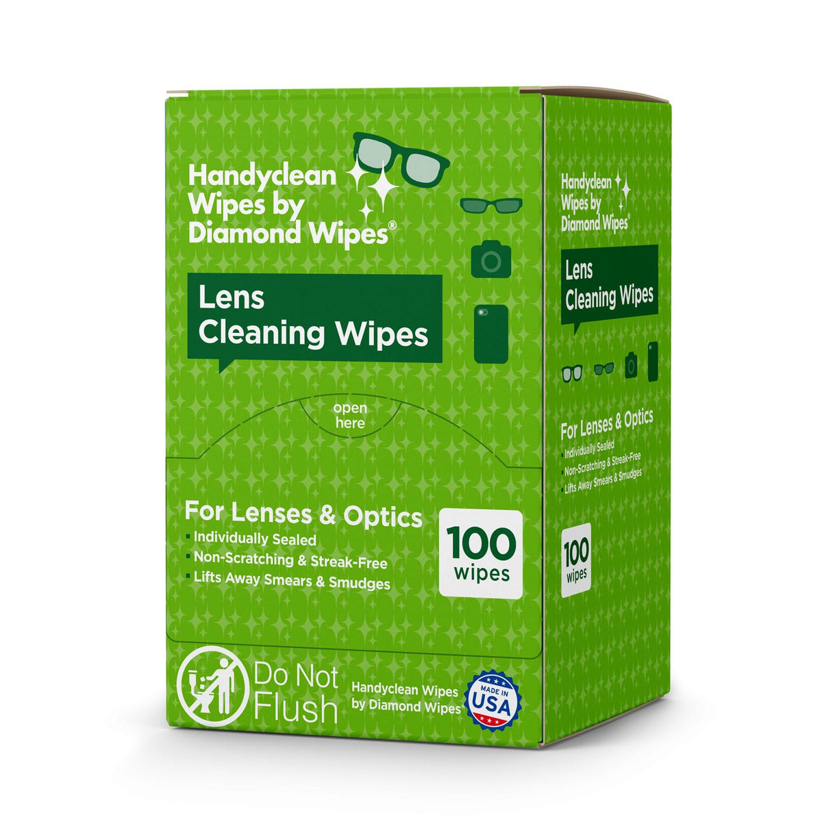 Front of HandyClean lens wipes box showing 100 ct and 6x5 inch packets