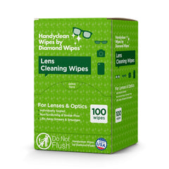 Front of HandyClean lens wipes box showing 100 ct and 6x5 inch packets