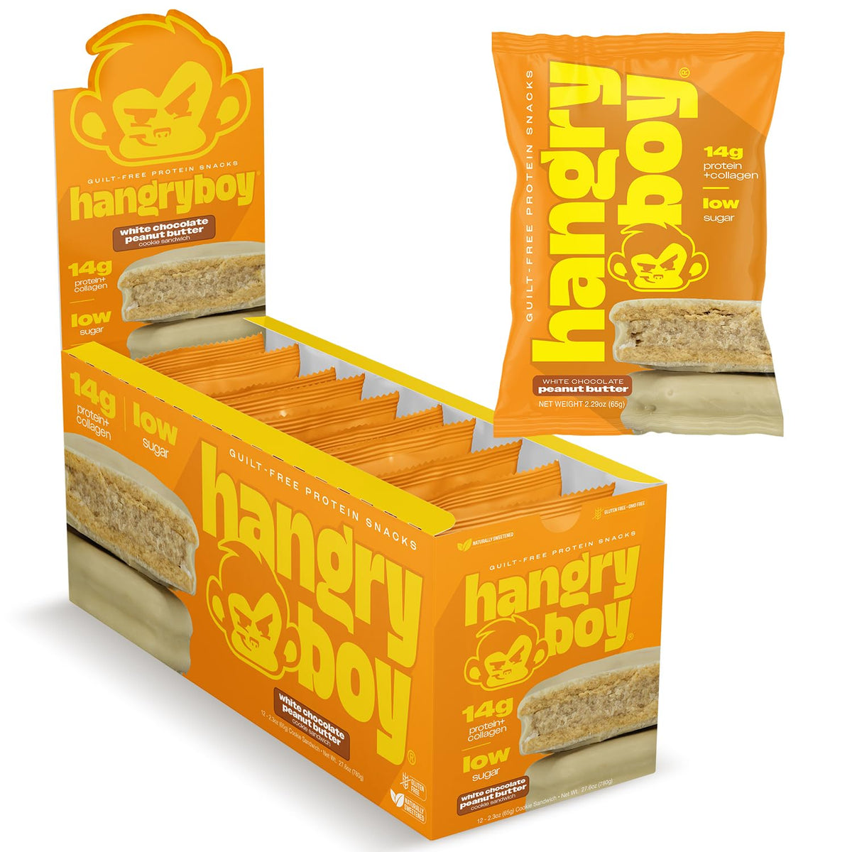 Hangryboy white chocolate peanut butter cookie sandwich packaging for on-the-go protein snack