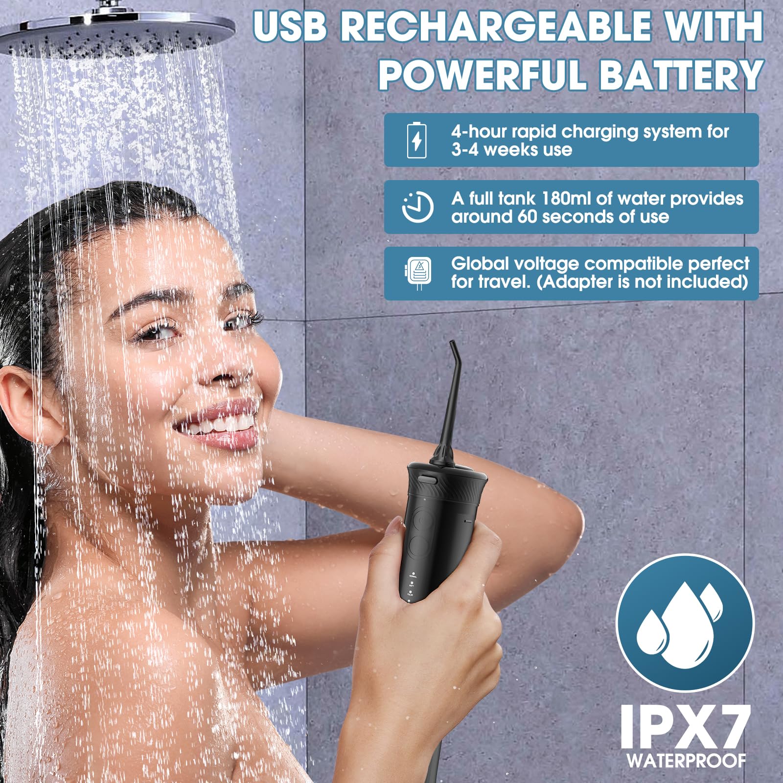 IPX7 waterproof water flosser with USB-C fast charging