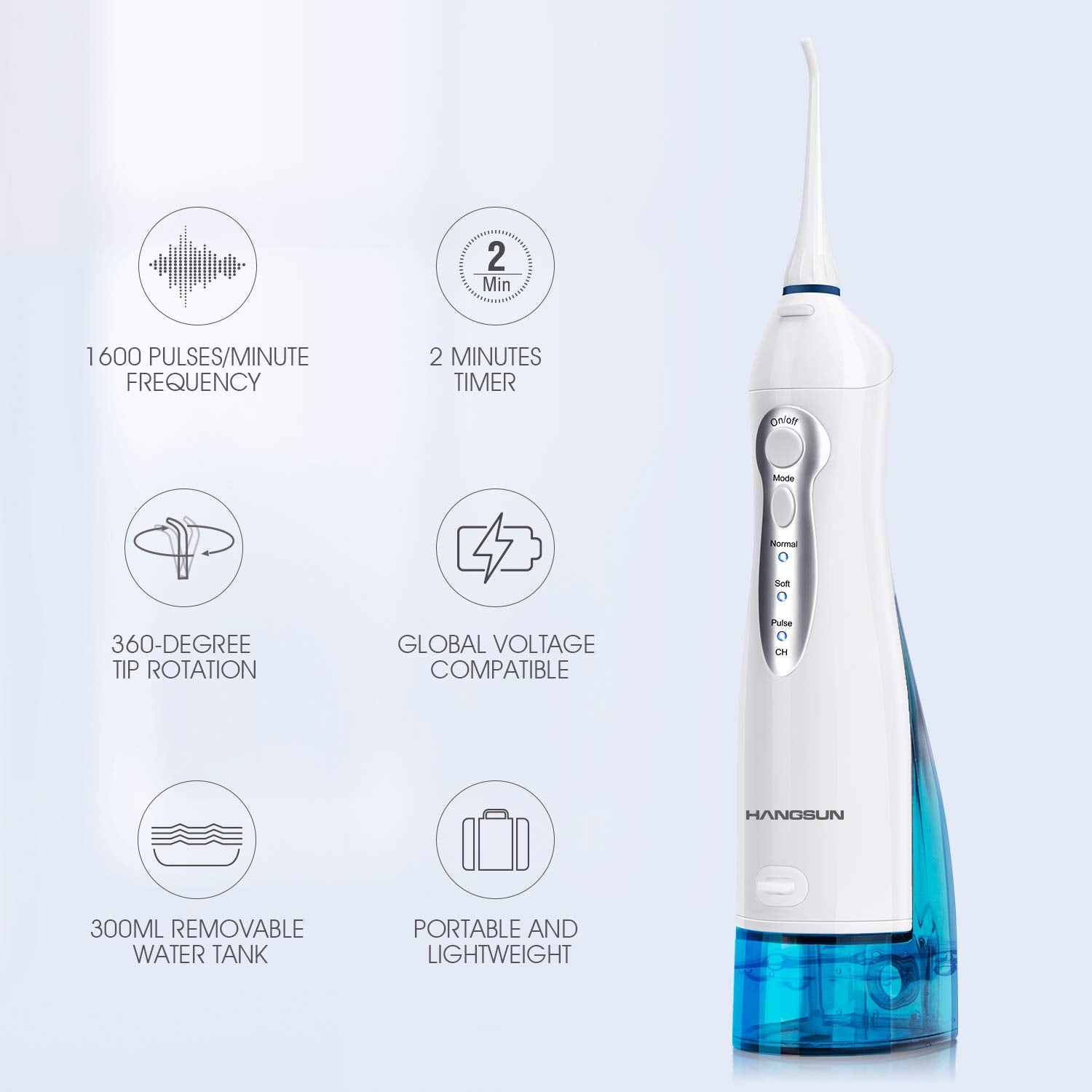 Close-up of detachable 300ml water tank on Hangsun flosser