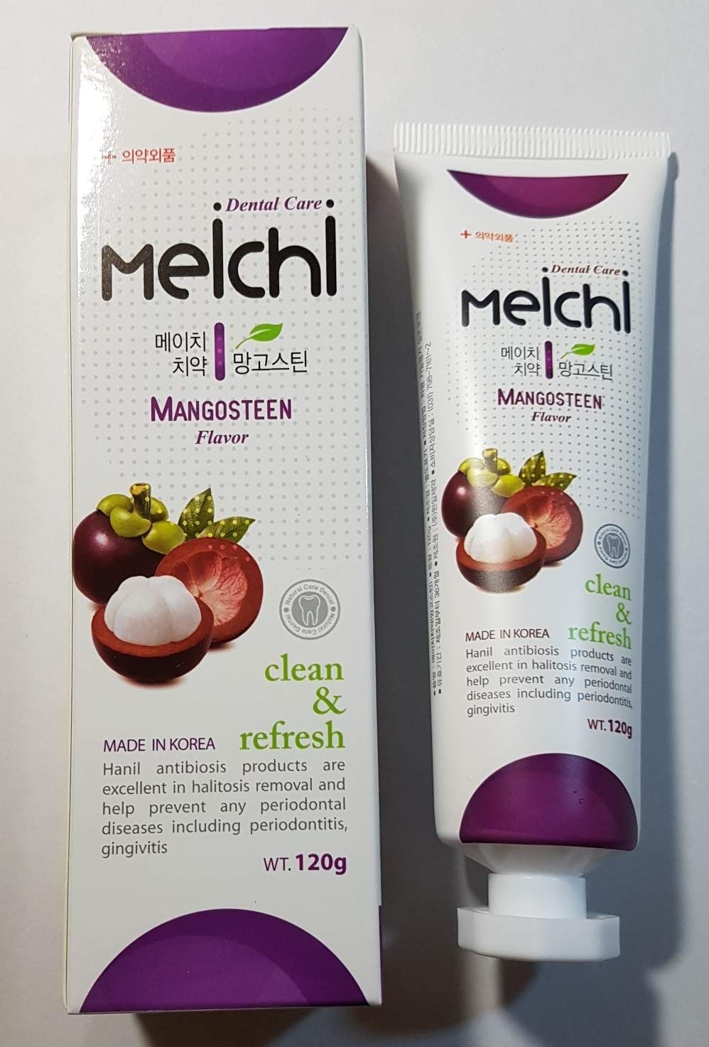 Close-up of Hanil Meichi Mangosteen toothpaste tube