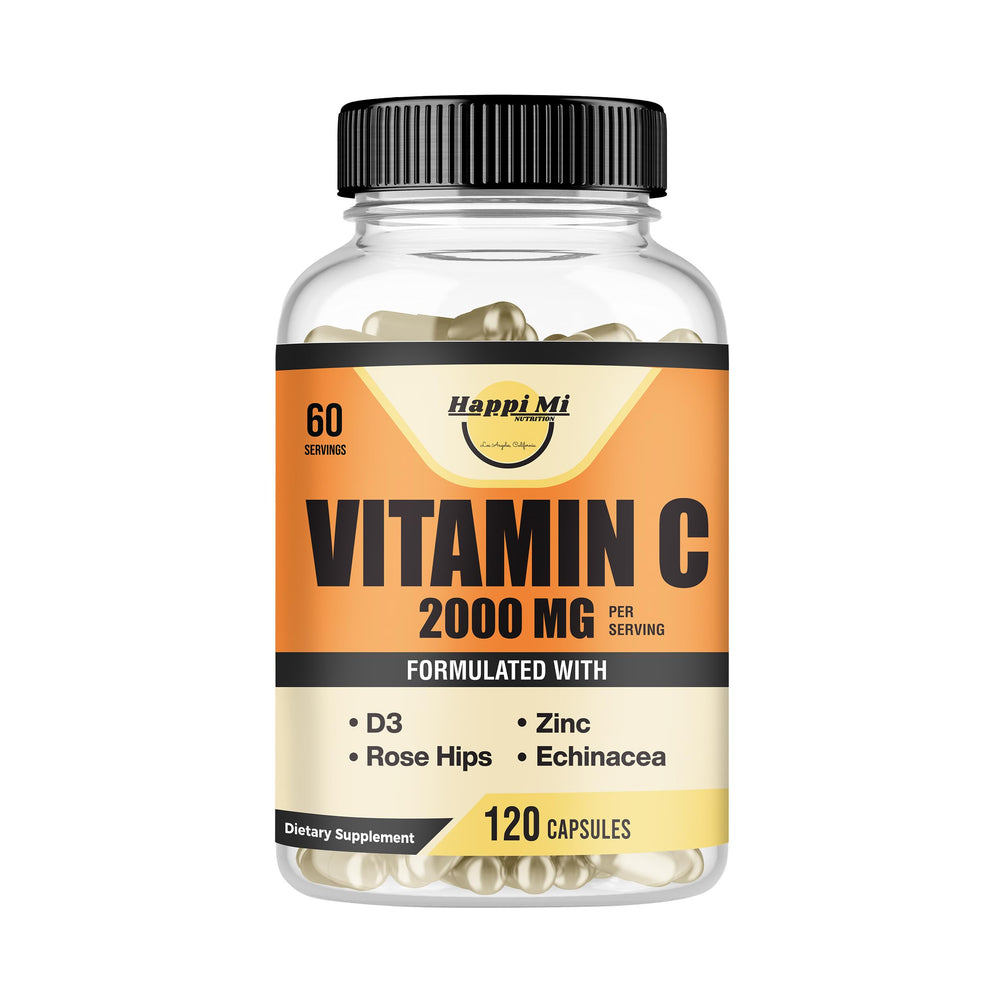 Happi Mi Nutrition Immune Support Vitamin C 2000mg + Zinc 40mg + Vitamin D3 5000 IU – 120 vegan capsules label