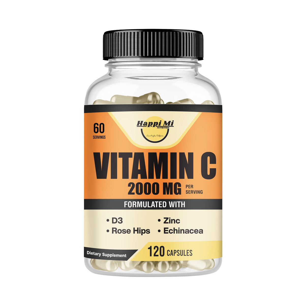 Happi Mi Nutrition Immune Support Vitamin C 2000mg + Zinc 40mg + Vitamin D3 5000 IU – 120 vegan capsules label