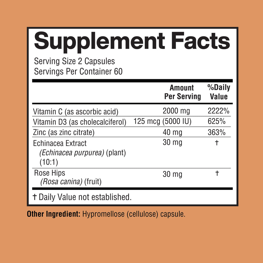 Supplement facts: Vitamin C 2000mg, Zinc 40mg, Vitamin D3 5000 IU per serving