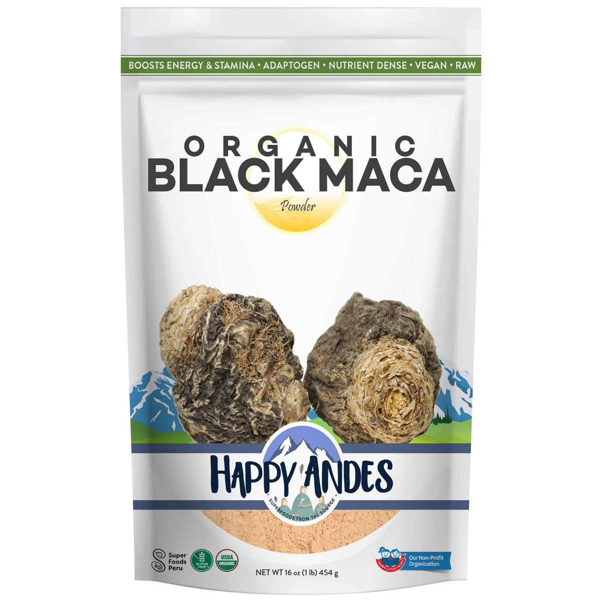 Happy Andes Black Maca powder bag showcases organic packaging for daily use.