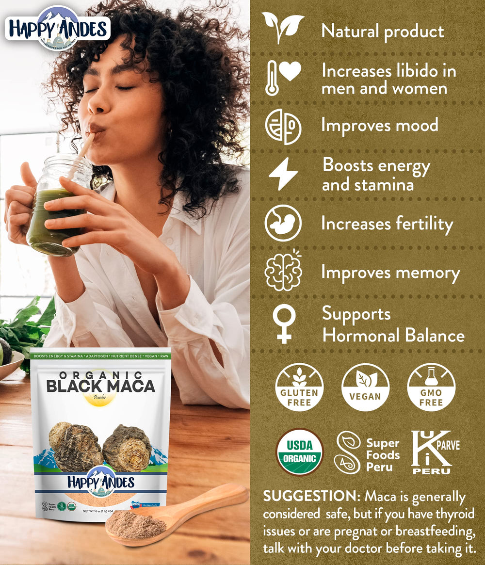 Happy Andes Maca product label highlights organic and gluten-free status.