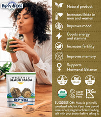 Happy Andes Maca product label highlights organic and gluten-free status.