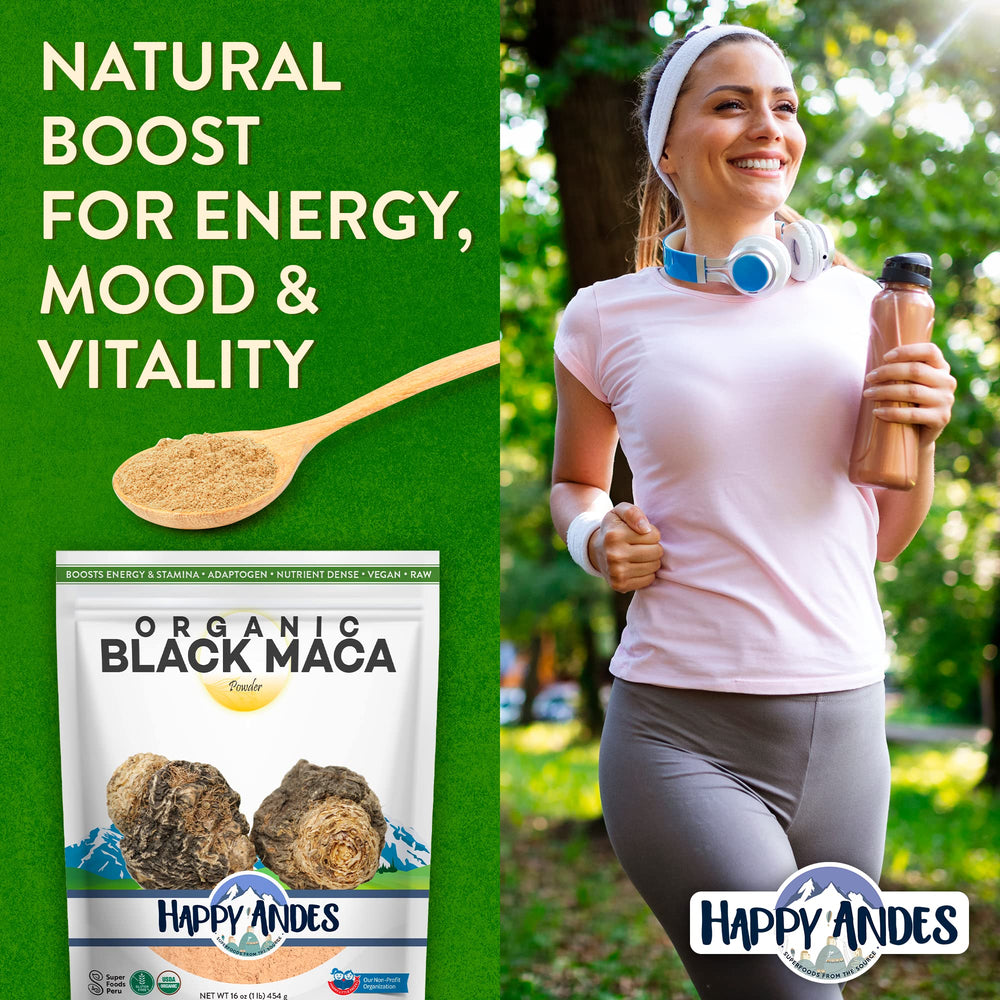 Happy Andes maca powder in a kitchen smoothie ready to blend.