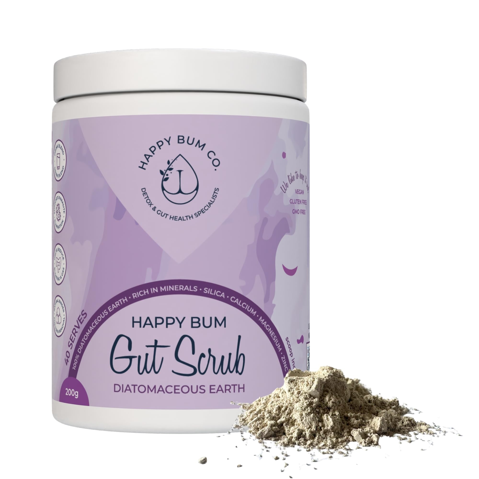 Front view of Happy Bum Gut Scrub bottle with label