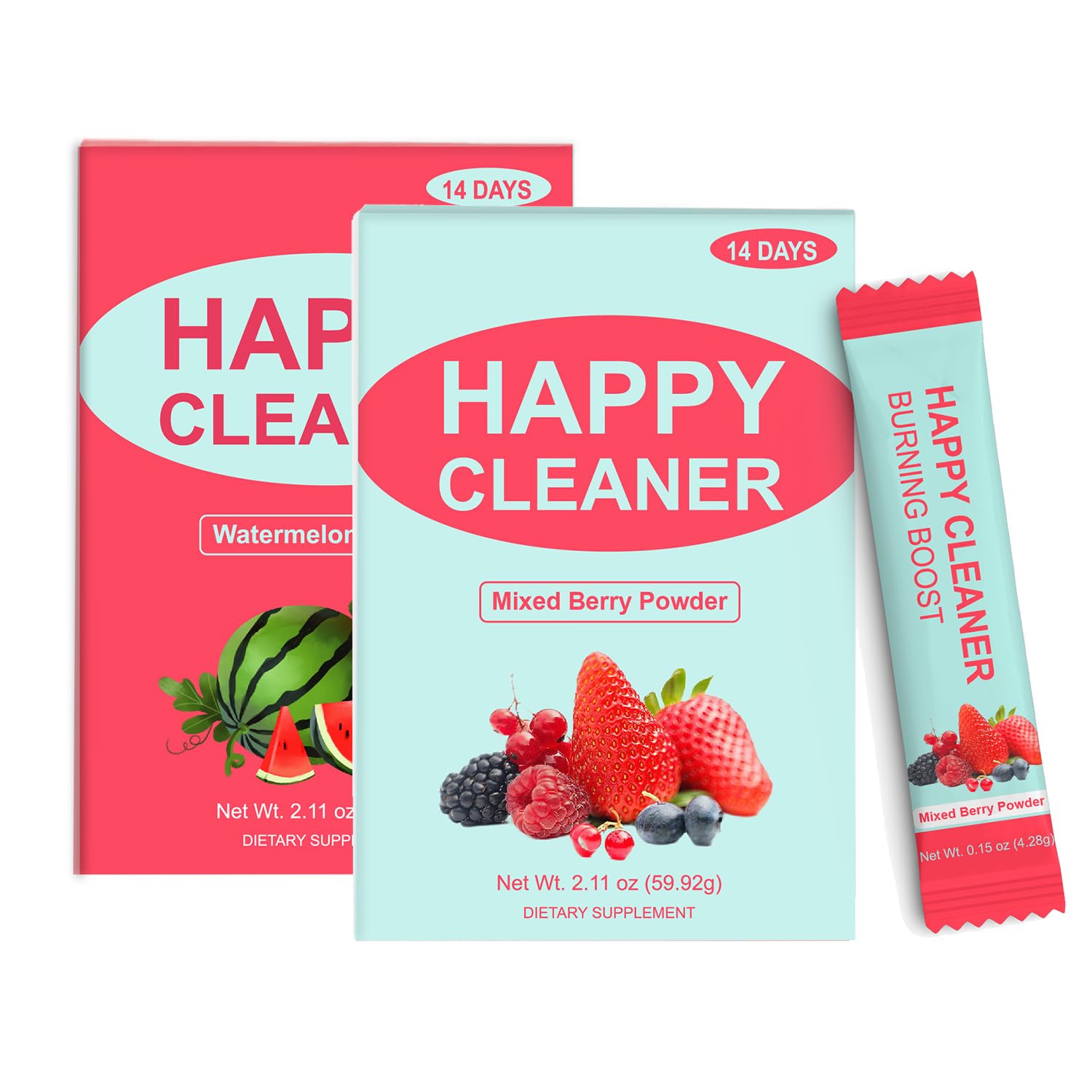 Happy Cleaner Watermelon Berry probiotic prebiotic powder packaging showing 28 single-serve packets