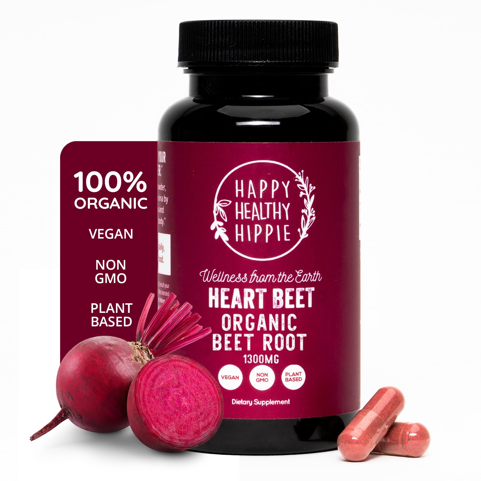 Happy Healthy Hippie beet root capsules bottle for convenient vascular wellness