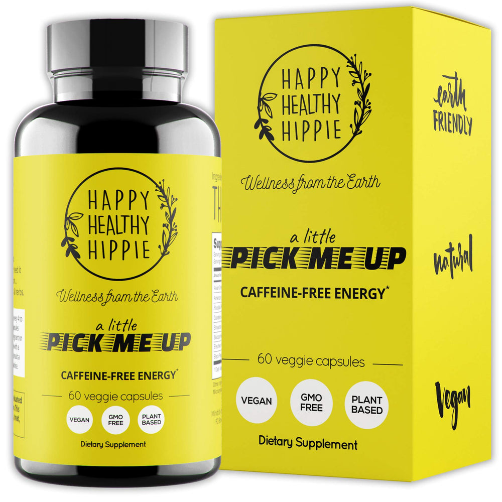 Happy Healthy Hippie natural energy pills bottle promotes clean focus and sustained momentum.