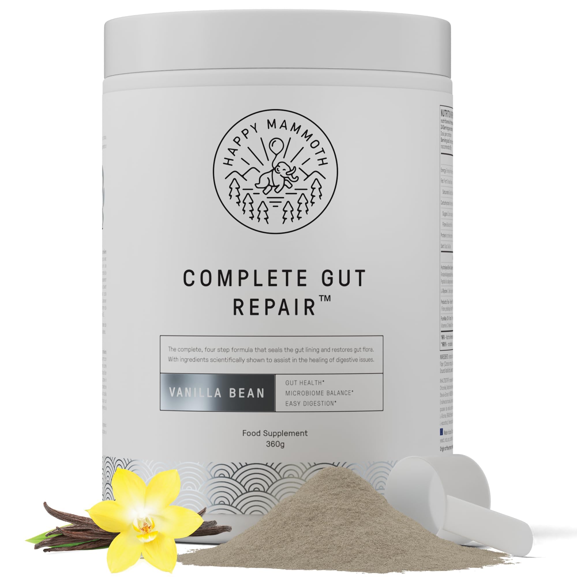 Bottle of Happy Mammoth Complete Gut Repair on white background