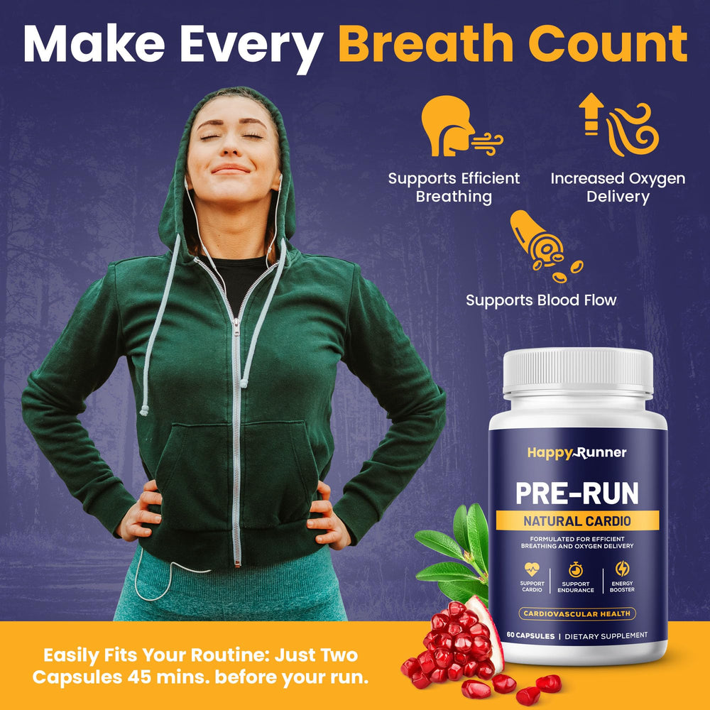 Happy Runner Pre-Run capsules closeup highlights natural ingredients supporting endurance