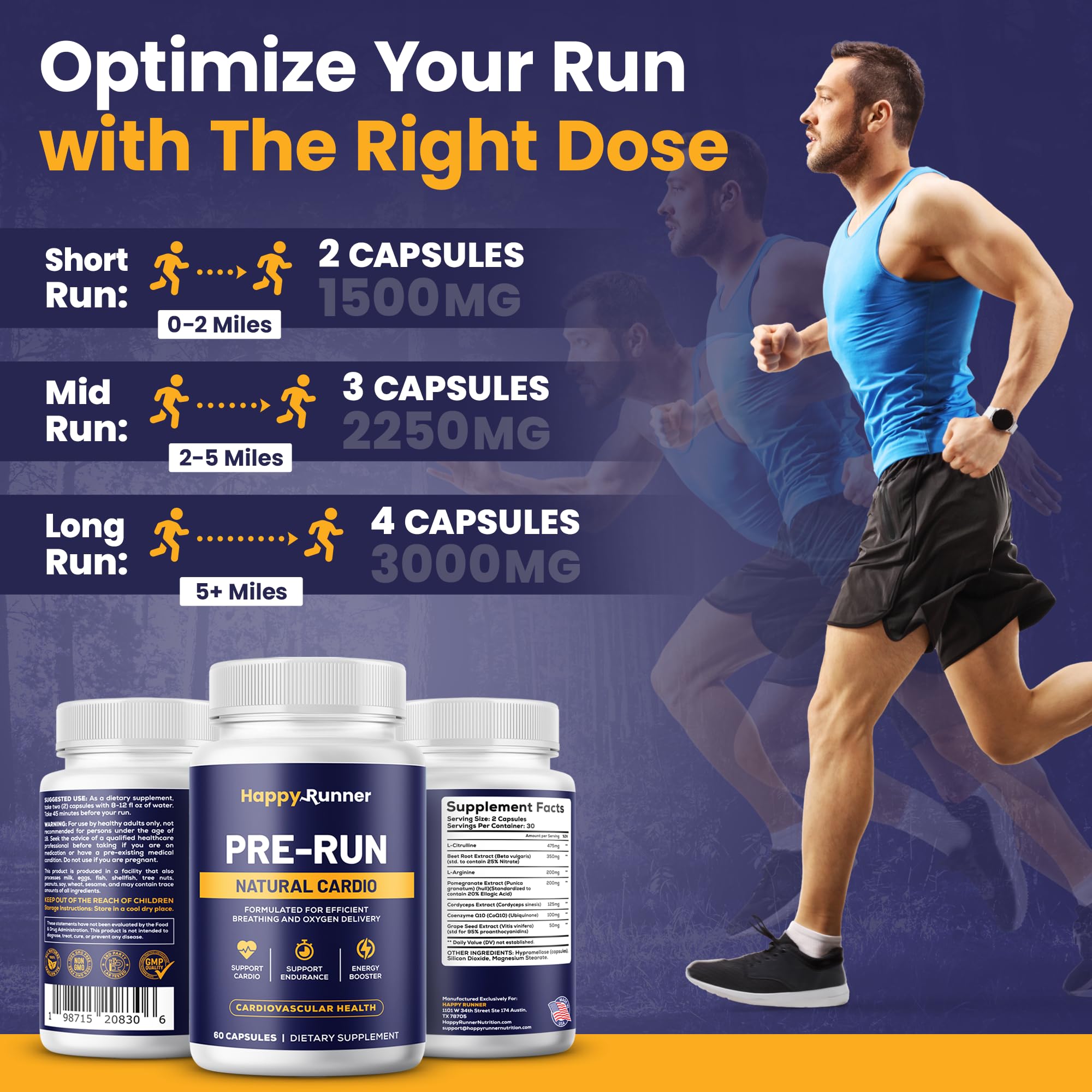 Happy Runner Pre-Run capsules in hand show a quick two-capsule routine