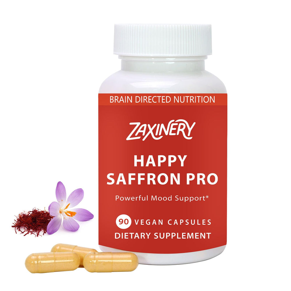 Happy Saffron Supplements bottle with saffron capsules