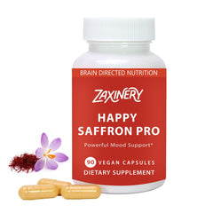 Happy Saffron Supplements bottle with saffron capsules