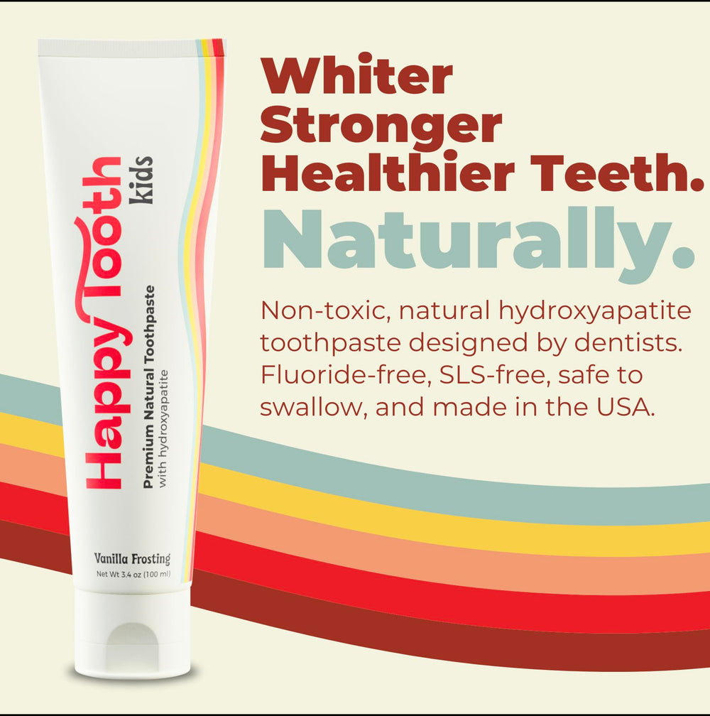 Illustration showing enamel remineralization and whitening with Happy Tooth toothpaste