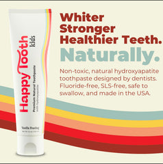 Illustration showing enamel remineralization and whitening with Happy Tooth toothpaste