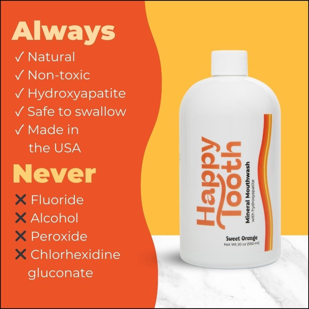 Happy Tooth mouthwash packaging featuring Sweet Orange flavor and 20 fl oz