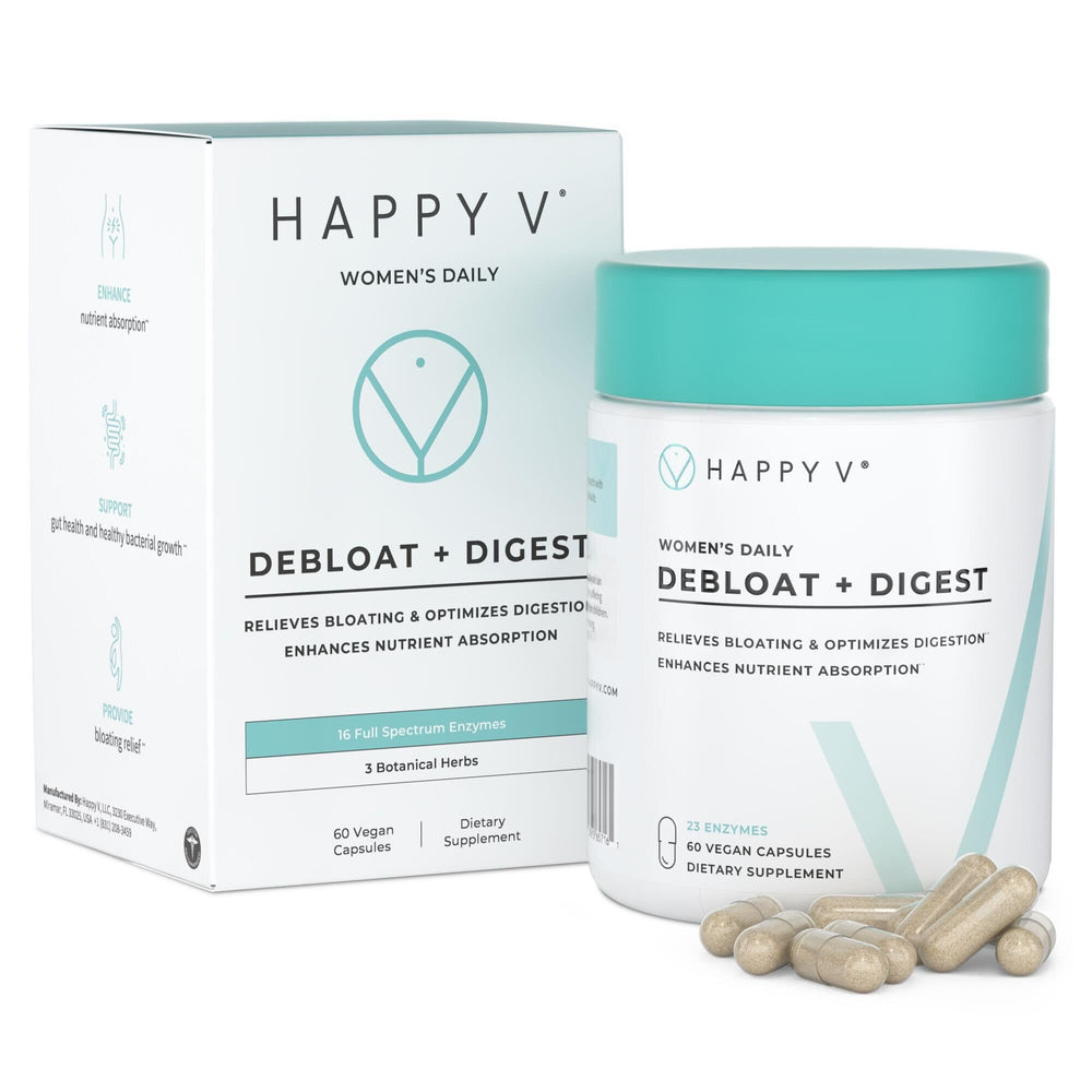 Happy V Debloat + Digestive Enzymes bottle for women – 60 vegan capsules
