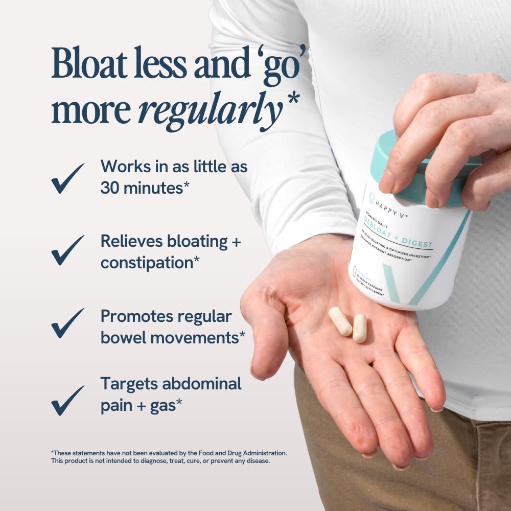 Front packaging of Happy V Debloat + Digestive Enzymes for women