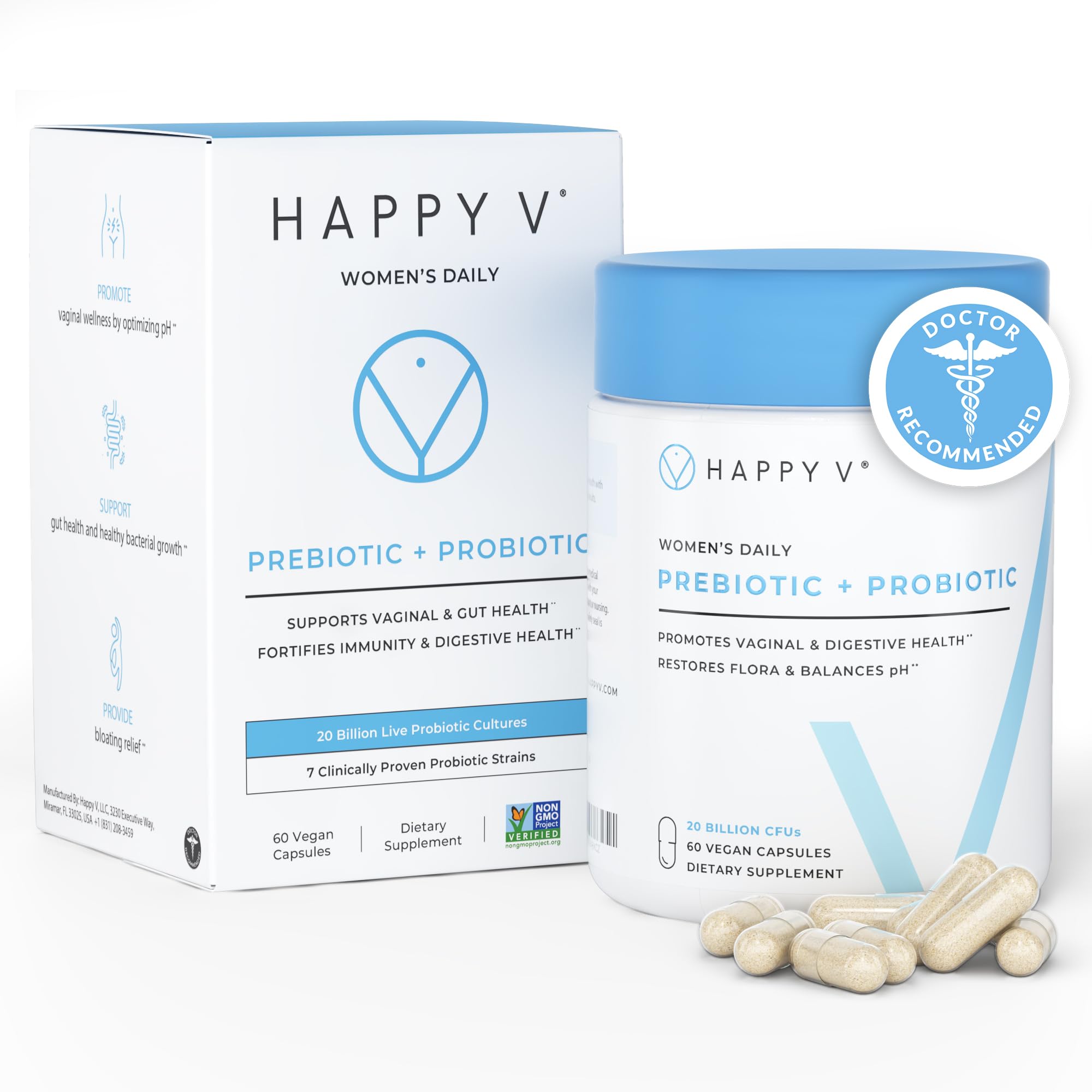 Happy V Dr vaginal probiotic bottle for women's health