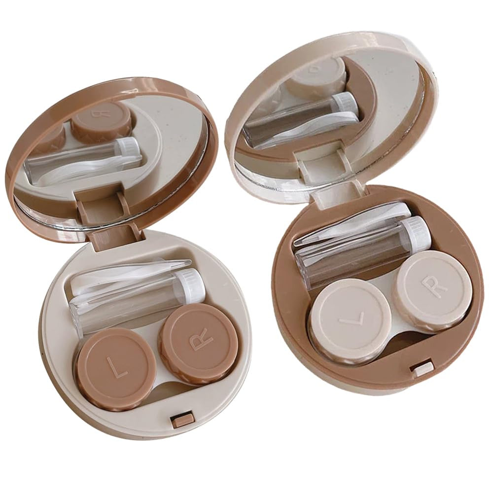 Two round contact lens cases in white and khaki colors (front view)