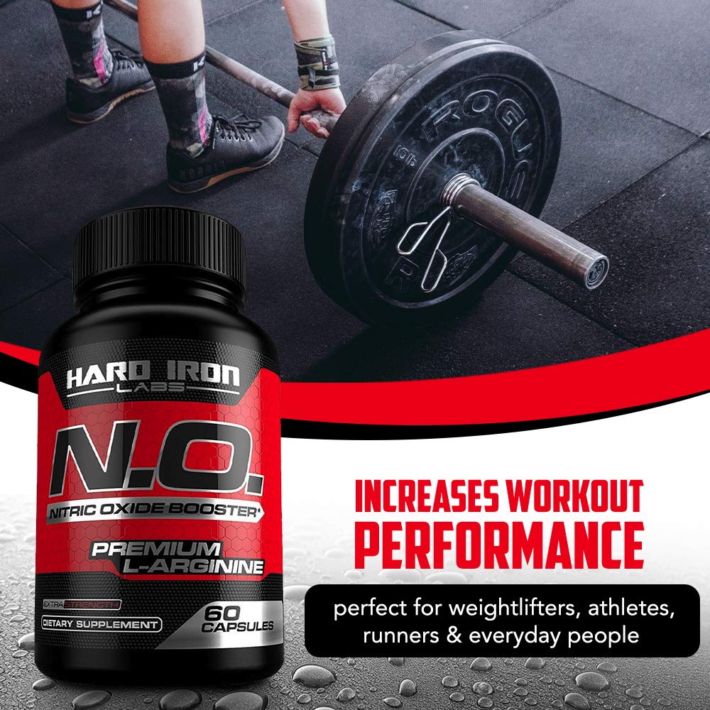 Hard Iron Labs N.O. booster arginine-citrulline blend suggests improved blood flow.