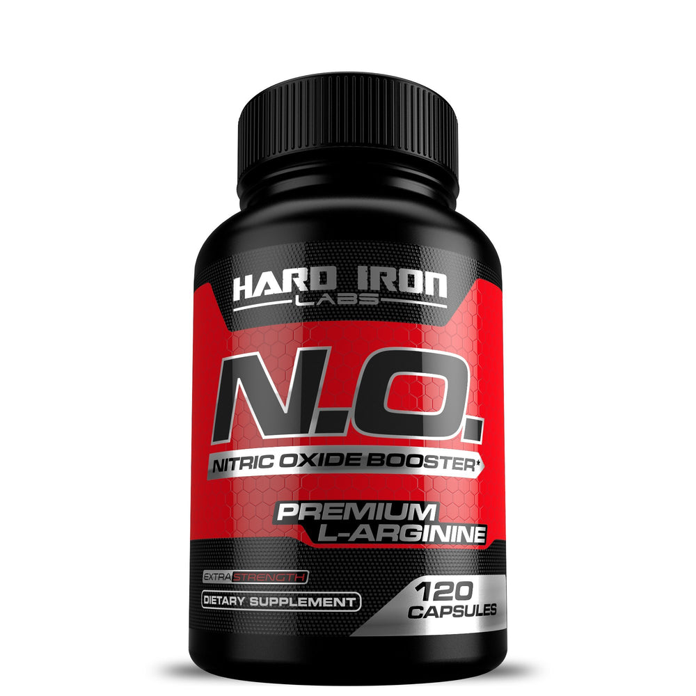 Hard Iron Labs N.O. Nitric Oxide Booster bottle close-up highlighting pre-workout pumps.