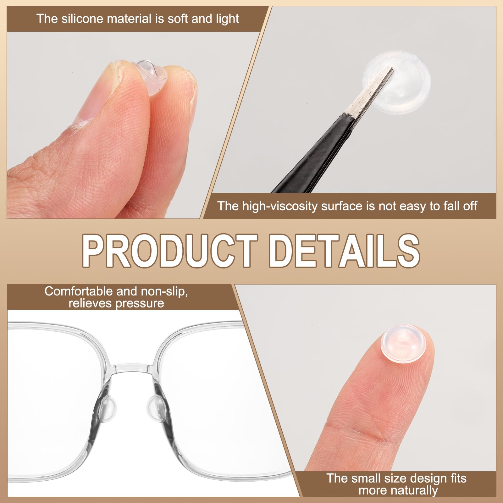 Round silicone nose pads on a glasses frame