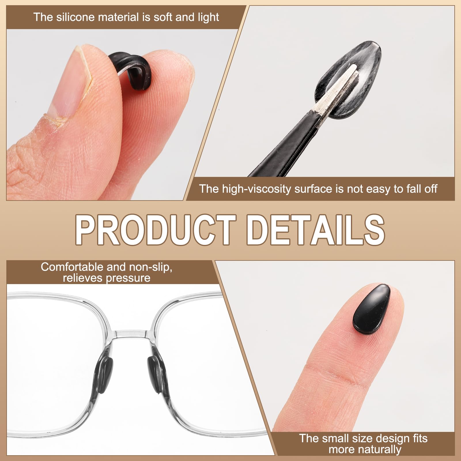 Nose pads attached to plastic frame glasses showing anti-slip design
