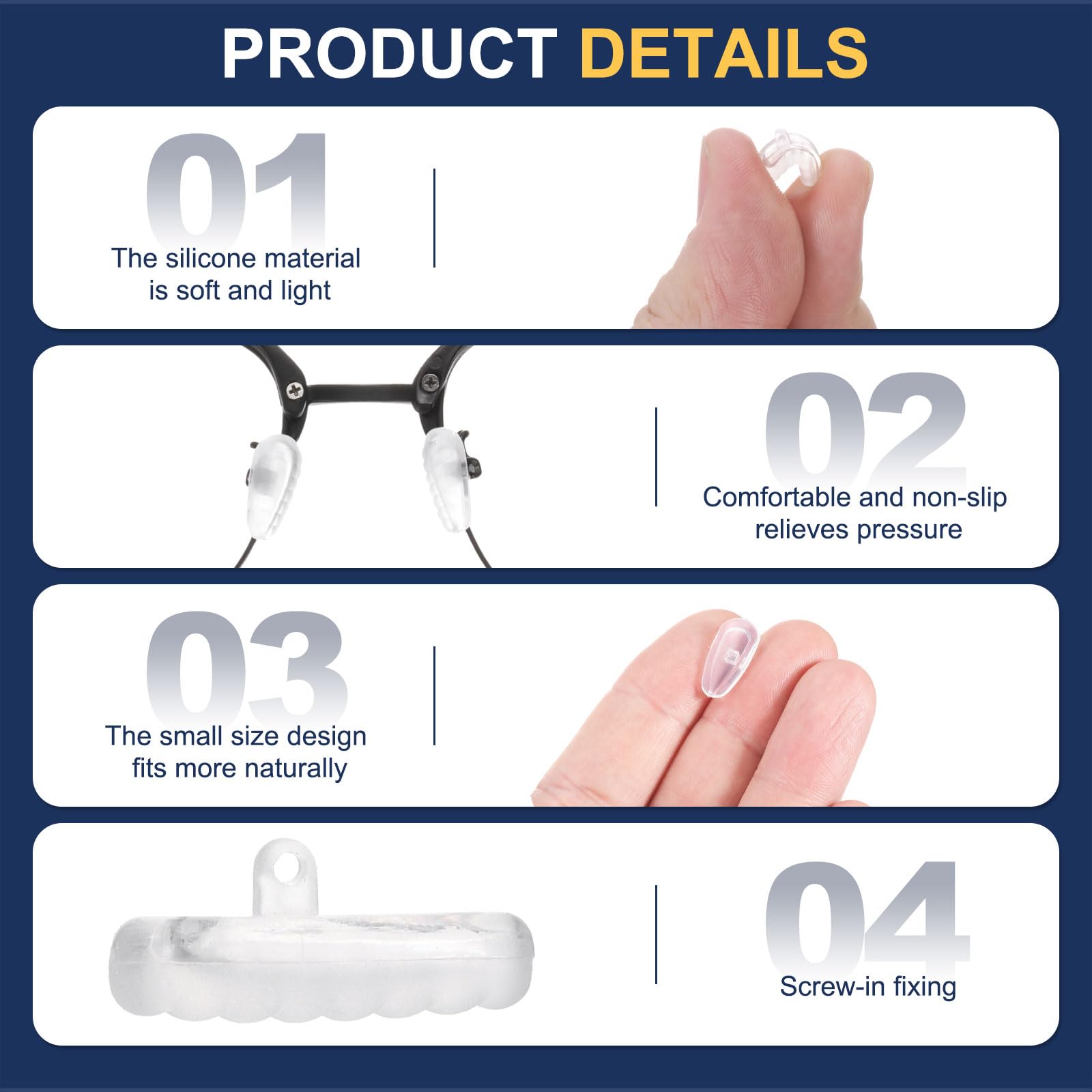 Non-slip silicone nose pads cushioning the nose bridge