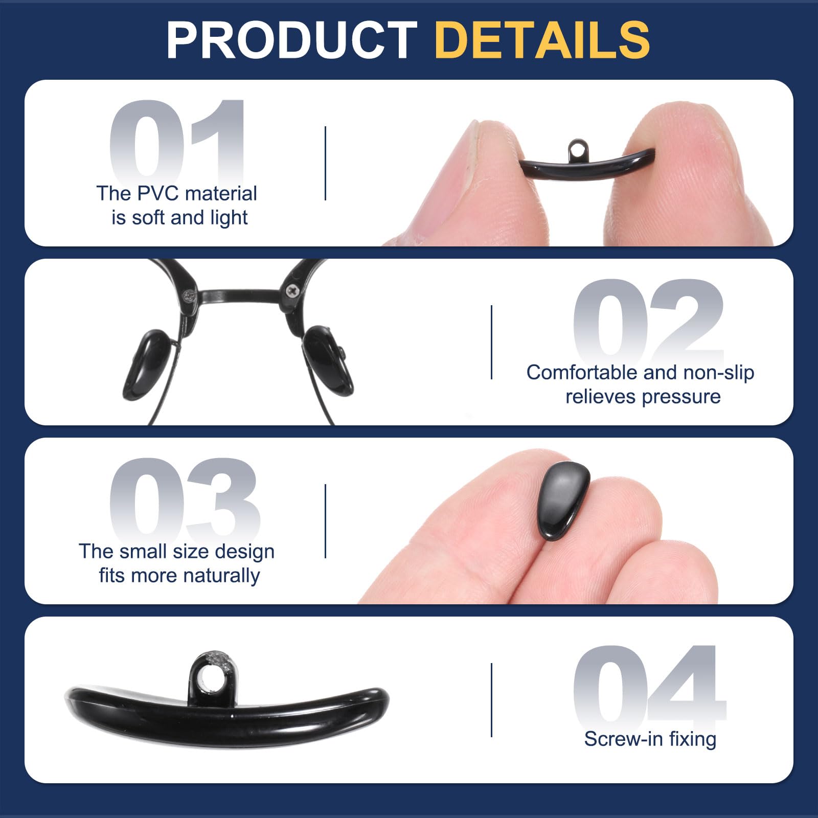 Nose pads mounted on a plastic frame for anti-slip grip