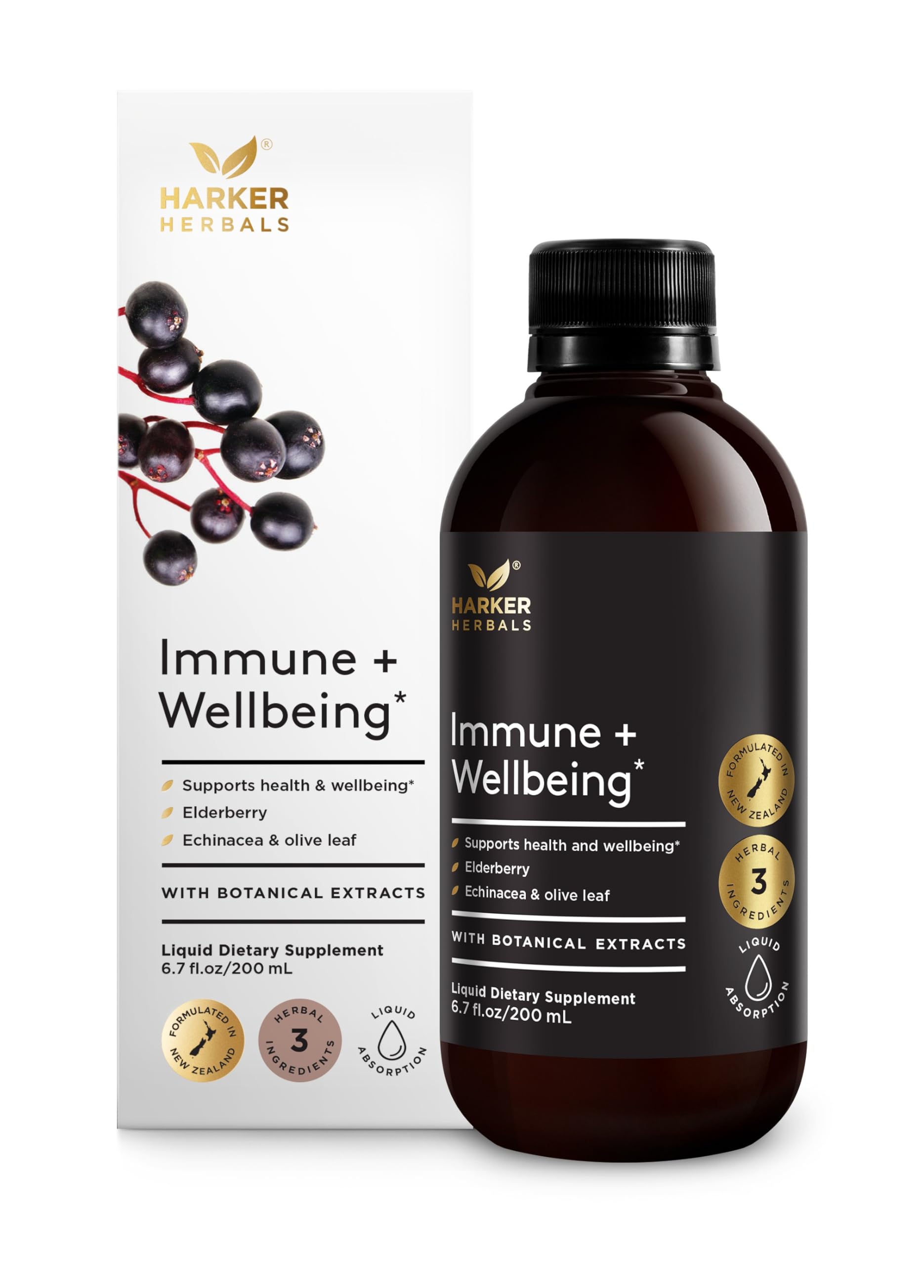 Front label of Harker Herbals Immune + Wellbeing Syrup bottle